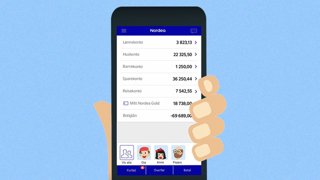 Mobiltelefon som viser kontooversikten i Mobilbank-appen