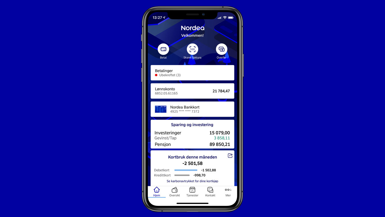 Mobiltelefon som viser kontooversikten i Mobilbank-appen